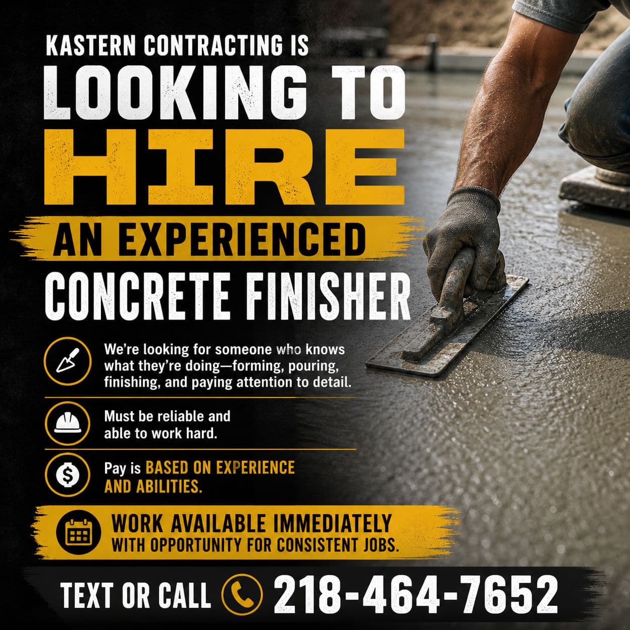 Kastern Contracting Is Hiring an Experienced Concrete Finisher image