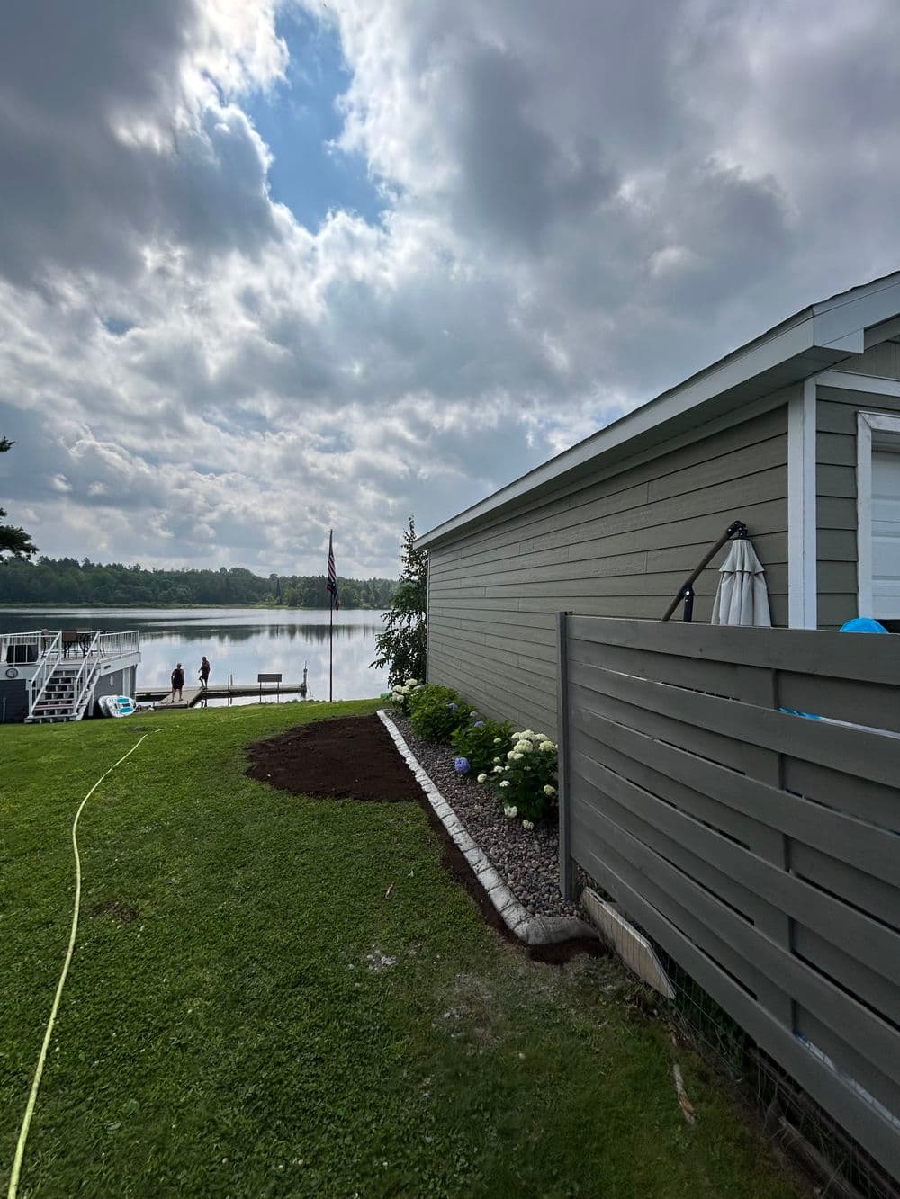 Scenic lakeside view with a house, garden, and people enjoying the water under cloudy skies.